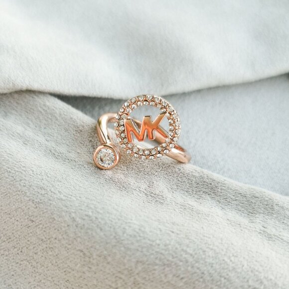 Michael Kors Monogram Logo and Crystal Rose Gold open ring size 6 #6 w/ dust bag - Picture 1 of 3